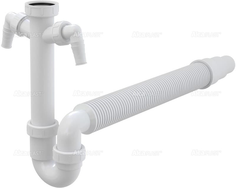 Alcaplast Pólsyfon zlewozmywaka rurowy z nakretką 6/4", z dwoma przyłączami i elastyczną rurą, A84-DN50/40