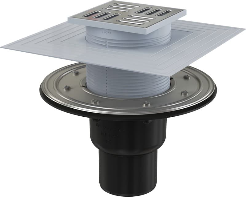 Alcaplast Kratka ściekowa 105x105/50/75 mm, odpływ pionowy, kratka i kołnierz nierdzewny, syfon mokro-suchy, APV4344