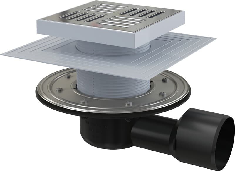Alcaplast Kratka ściekowa 150x150/50/75 mm, odpływ boczny, kratka i kołnierz nierdzewny, syfon mokro-suchy, APV3444