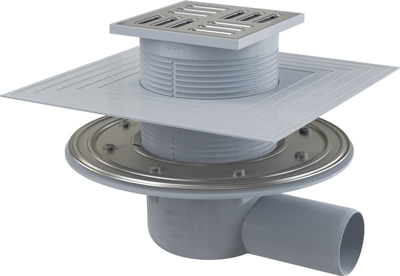 Alcaplast Kratka ściekowa 105x105/50 mm, odpływ boczny, kratka i kołnierz nierdzewny, kombinowany syfon SMART, APV1324