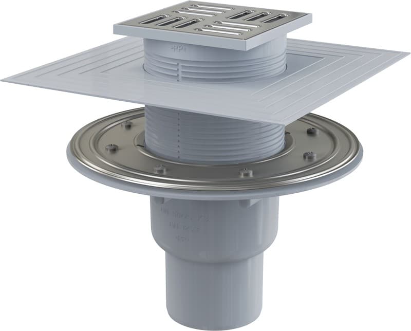 Alcaplast Kratka ściekowa 105x105/50/75 mm, odpływ pionowy, kratka i kołnierz nierdzewny, kombinowany syfon SMART, APV2324