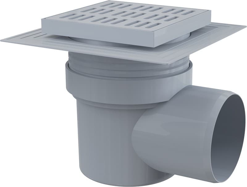 Alcaplast Kratka ściekowa 150x150/110 mm, odpływ boczny, kratka szara, dwa poziomy izolacji, syfon mokry, APV10