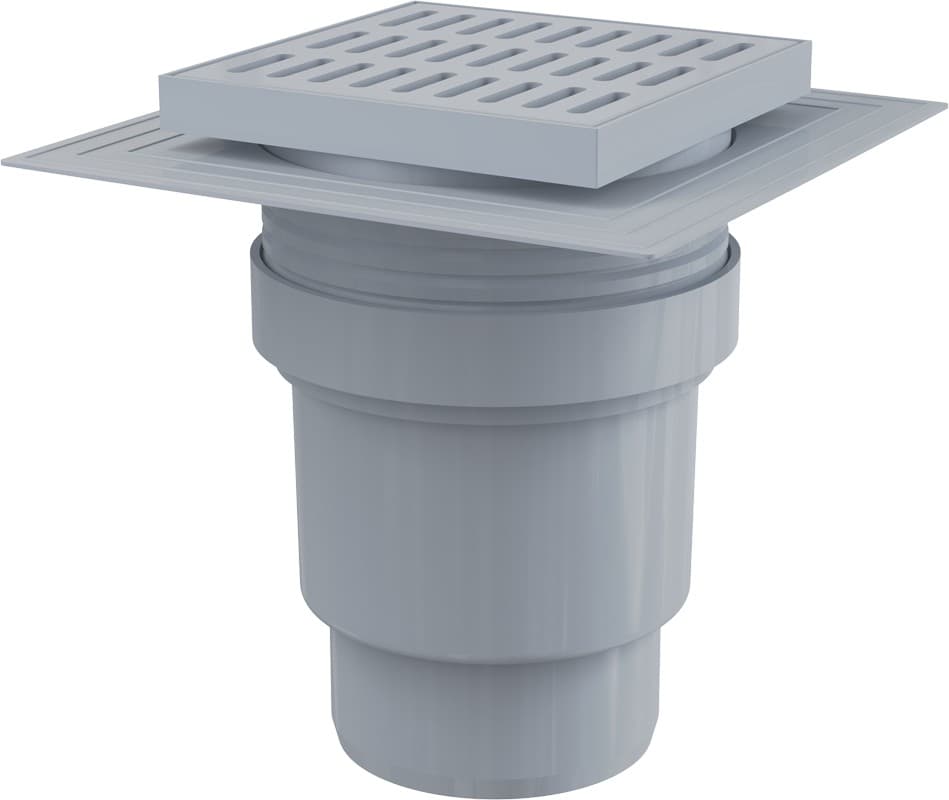 Alcaplast Kratka ściekowa 150x150/110 mm, odpływ pionowy, kratka szara, dwa poziomy izolacji, syfon mokry, APV11
