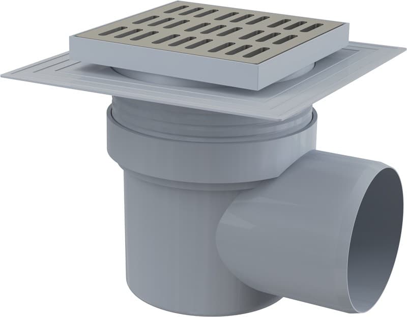 Alcaplast Kratka ściekowa 150x150/110 mm, odpływ boczny, kratka nierdzewna, dwa poziomy izolacji, syfon mokry, APV12