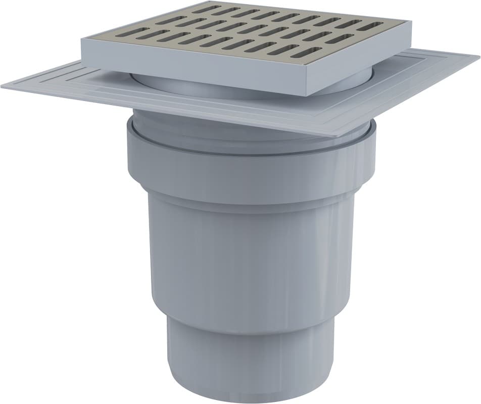 Alcaplast Kratka ściekowa 150x150/110 mm, odpływ pionowy, kratka nierdzewna, dwa poziomy izolacji, syfon mokry, APV13