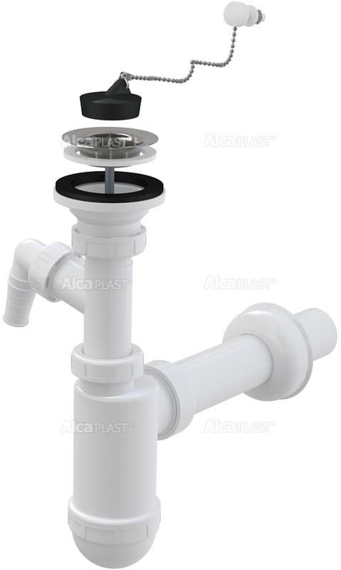 Alcaplast Syfon umywalkowy DN40 z przyłączem, sitko nierdzewne DN63, korek z łańcuszkiem, A41PR