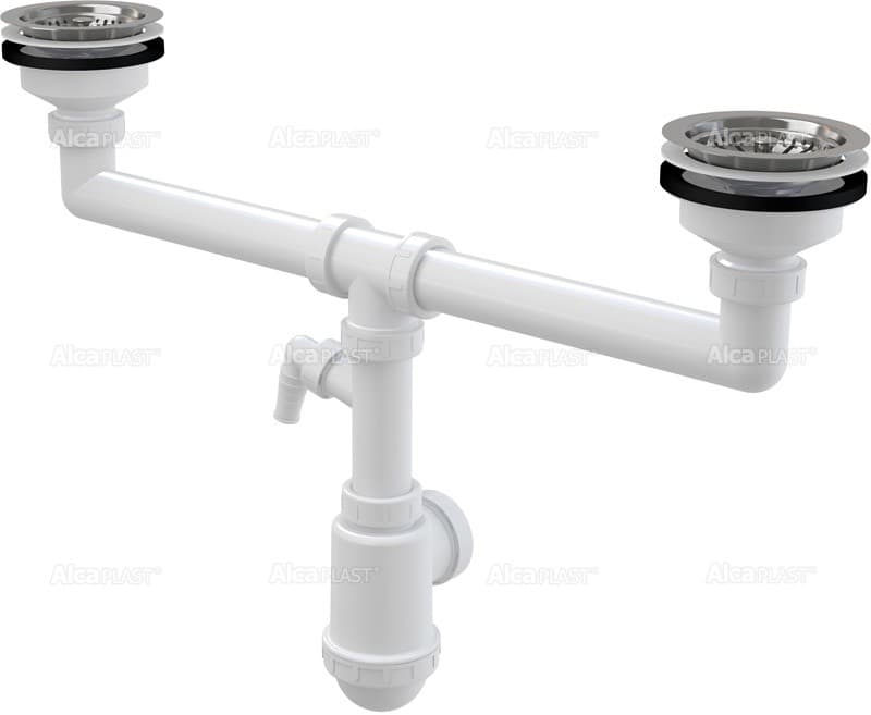 Alcaplast Syfon zlewu dwukomorowego z przyłączem, sitka nierdzewne DN115, A453P