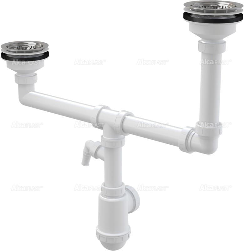 Alcaplast Syfon zlewu dwukomorowego dwupoziomowego z przyłączem, sitka nierdzewne DN115, A454P